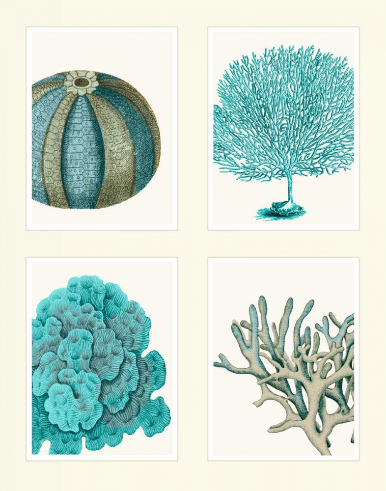 Wall Art Painting id:99182, Name: Blue Corals and Sea Urchins in 4 Panels, Artist: Fab Funky