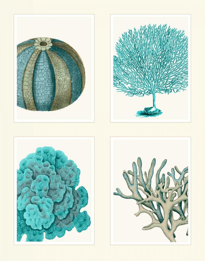 Art Print: Blue Corals and Sea Urchins in 4 Panels