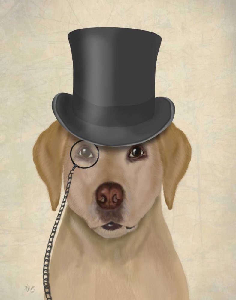 Wall Art Painting id:148687, Name: Yellow Labrador, Formal Hound and Hat, Artist: Fab Funky