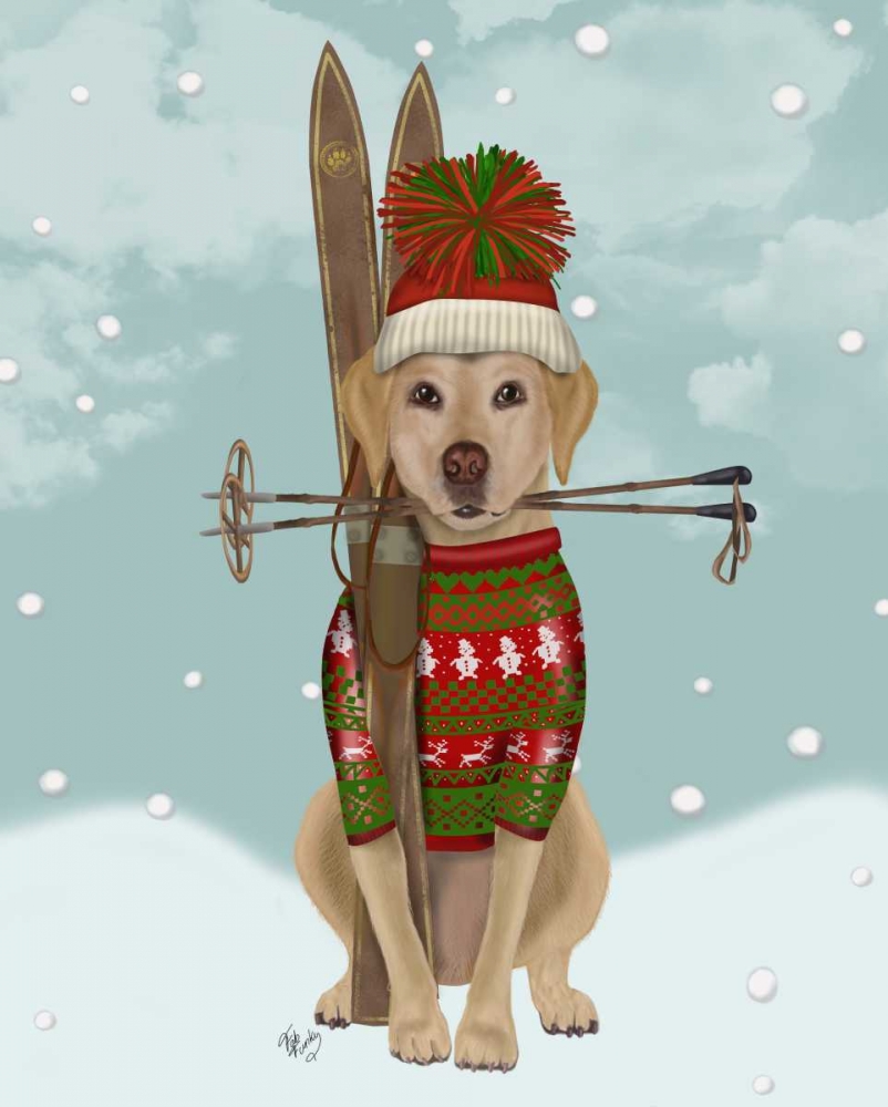 Wall Art Painting id:183940, Name: Yellow Labrador, Skiing, Artist: Fab Funky