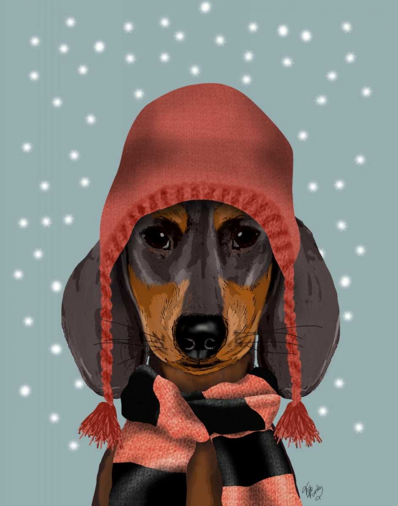Wall Art Painting id:183943, Name: Dachshund With Woolly Hat and Scarf, Artist: Fab Funky