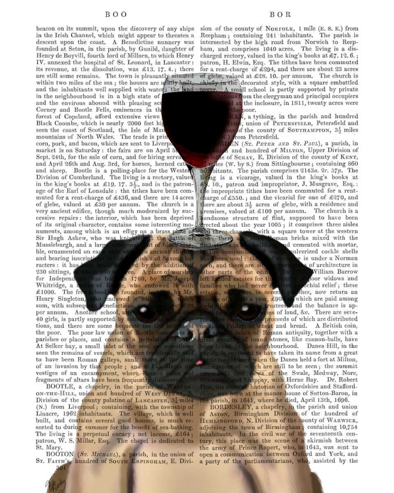 Wall Art Painting id:183963, Name: Dog Au Vin, Pug, Artist: Fab Funky