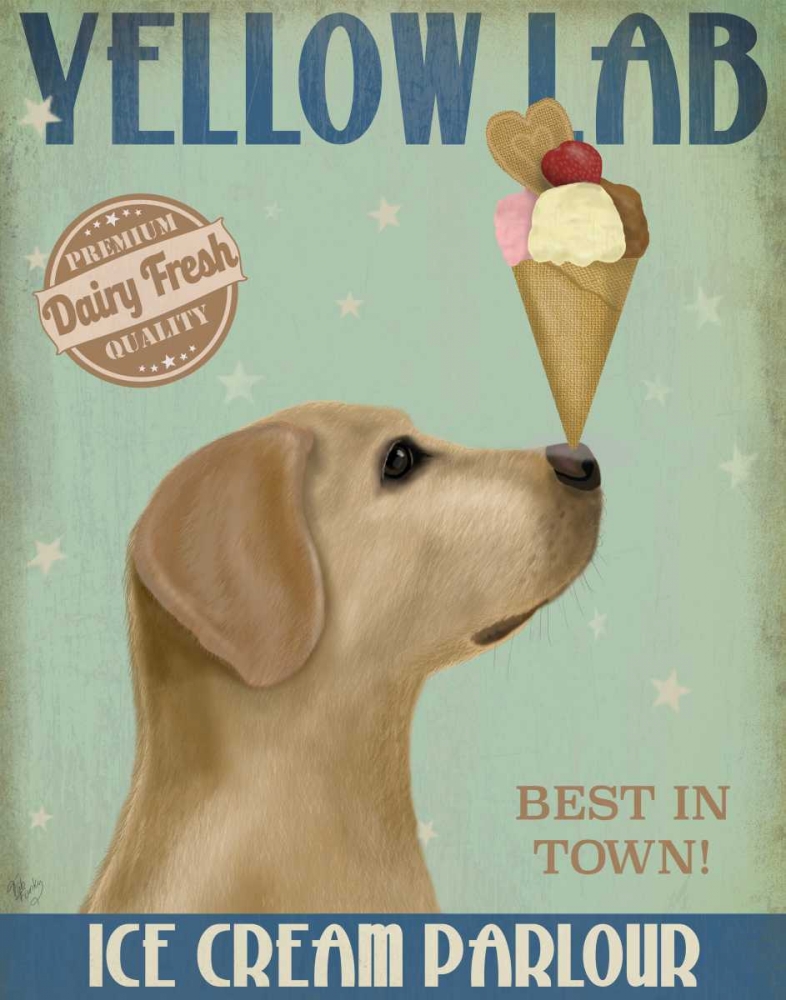 Wall Art Painting id:184091, Name: Yellow Labrador Ice Cream, Artist: Fab Funky