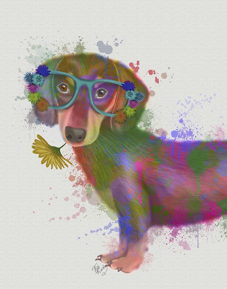 Art Print: Dachshund And Glasses Rainbow Splash