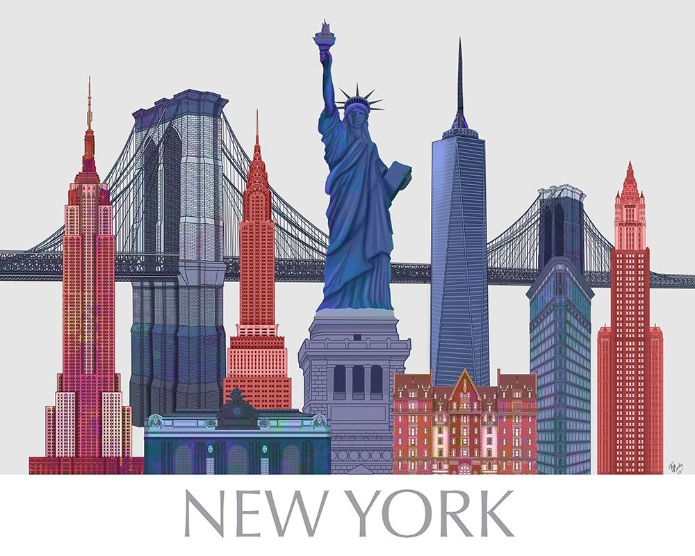 Wall Art Painting id:231087, Name: New York Landmarks , Red Blue, Artist: Fab Funky 