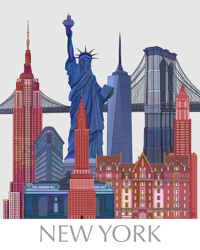 Wall Art Painting id:231088, Name: New York Landmarks , Red Blue, Artist: Fab Funky 