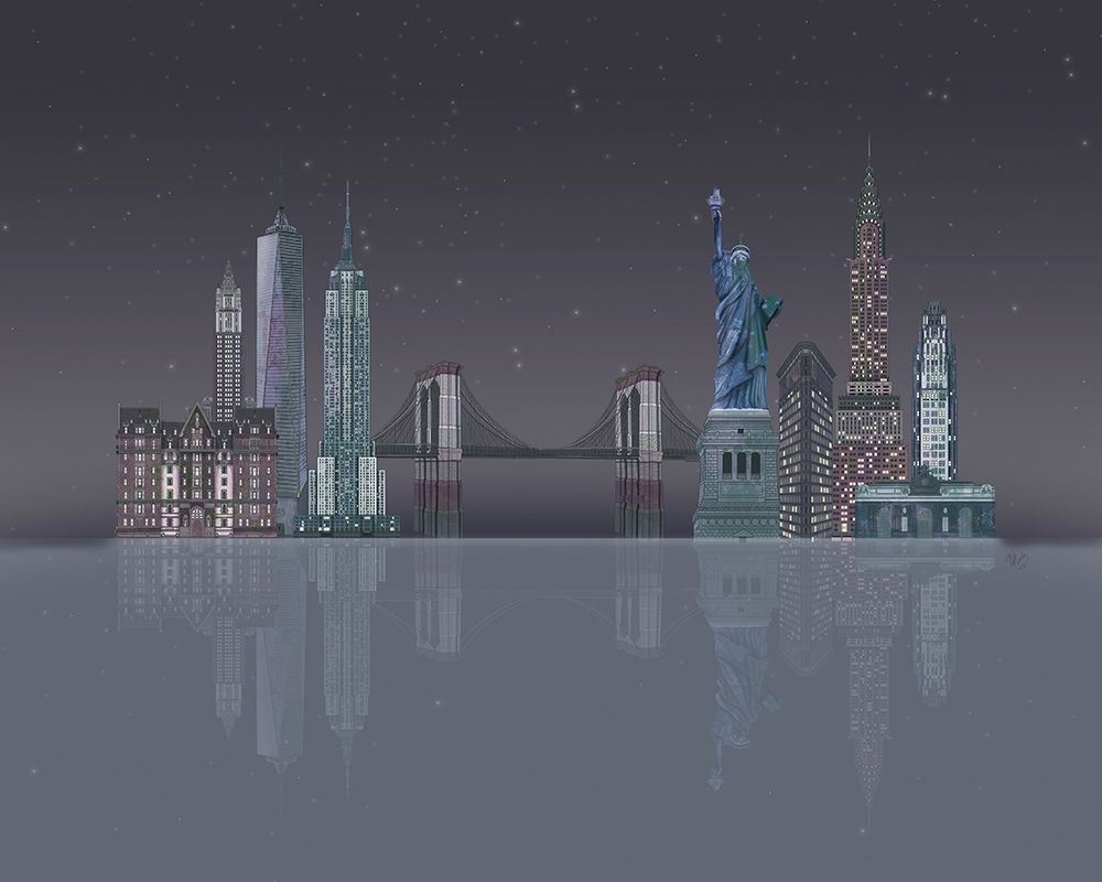 Art Print: New York Skyline Night Reflections