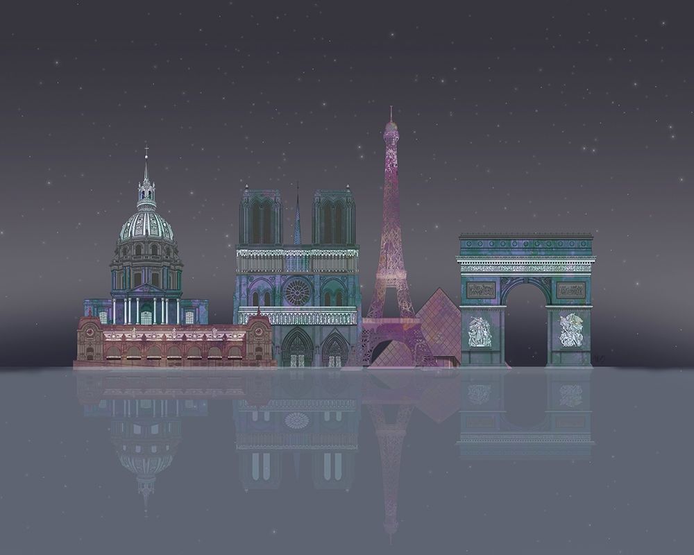 Art Print: Paris Skyline Night Reflections