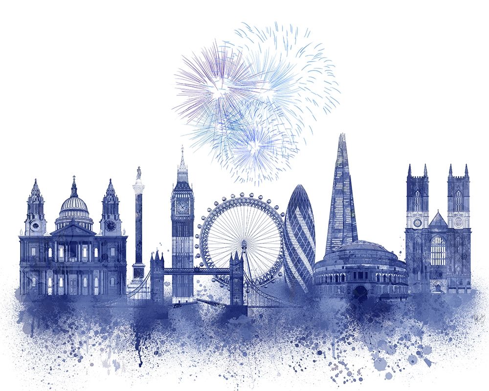 Art Print: London Skyline Watercolour Splash Blue
