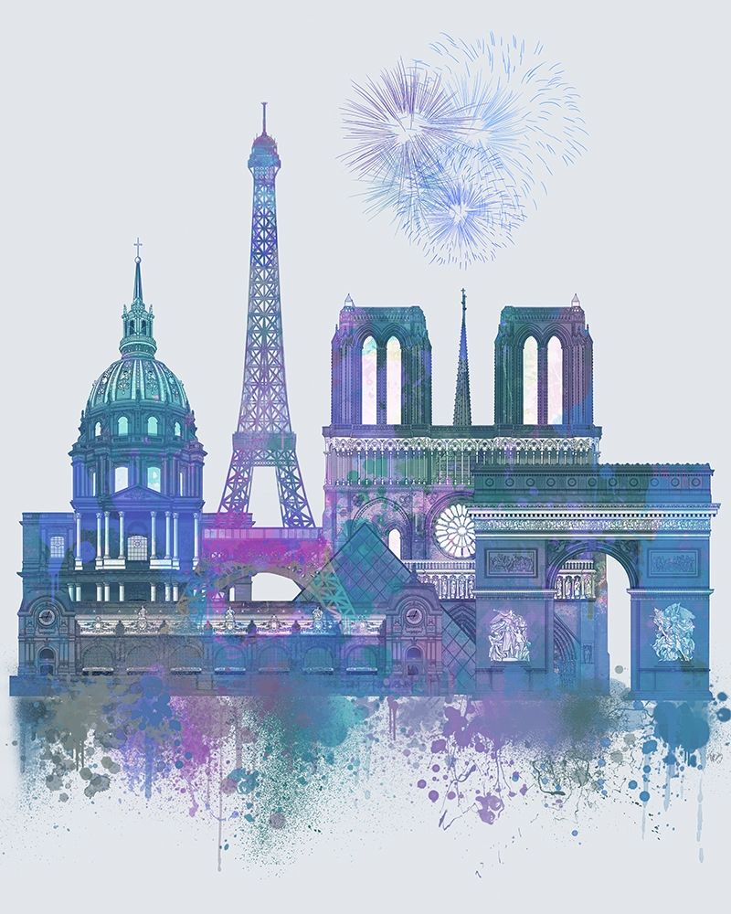 Art Print: Paris Skyline Watercolour Splash Blue