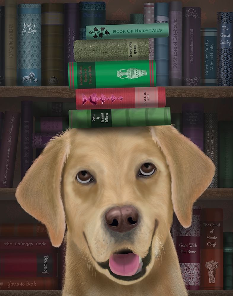 Wall Art Painting id:245225, Name: Yellow Labrador and Books, Artist: Fab Funky