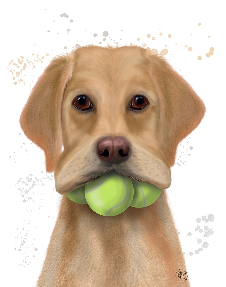 Wall Art Painting id:245313, Name: Yellow Labrador and Tennis Balls, Artist: Fab Funky