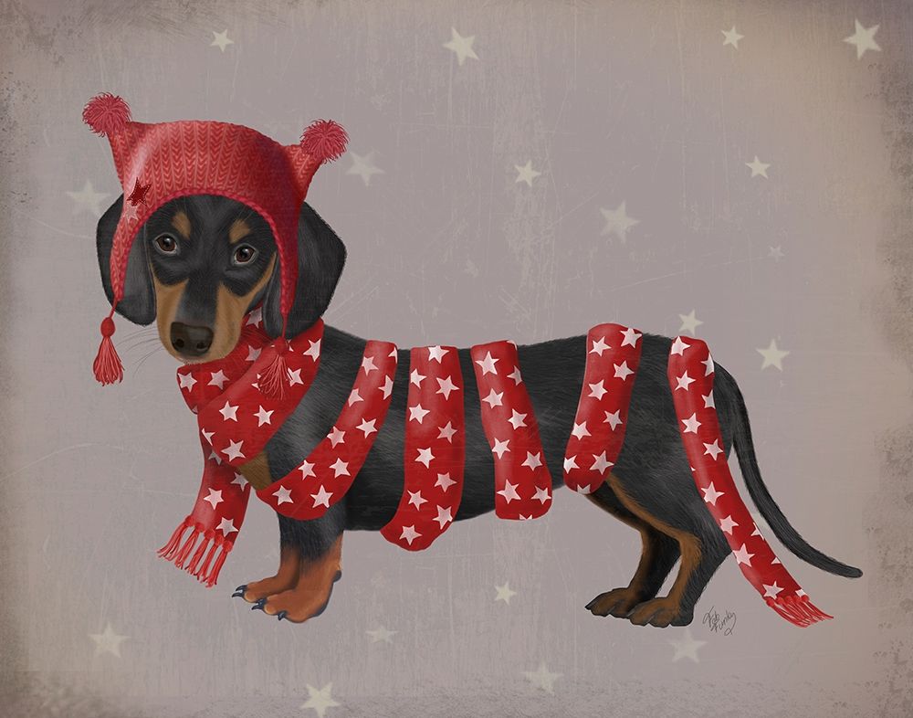 Wall Art Painting id:245316, Name: Dachshund and Long Scarf, Artist: Fab Funky