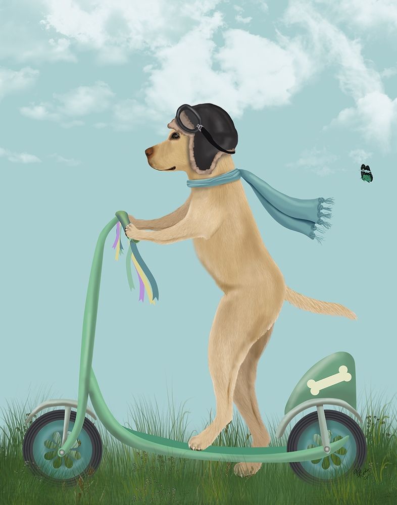 Wall Art Painting id:245335, Name: Yellow Labrador Scooter, Artist: Fab Funky