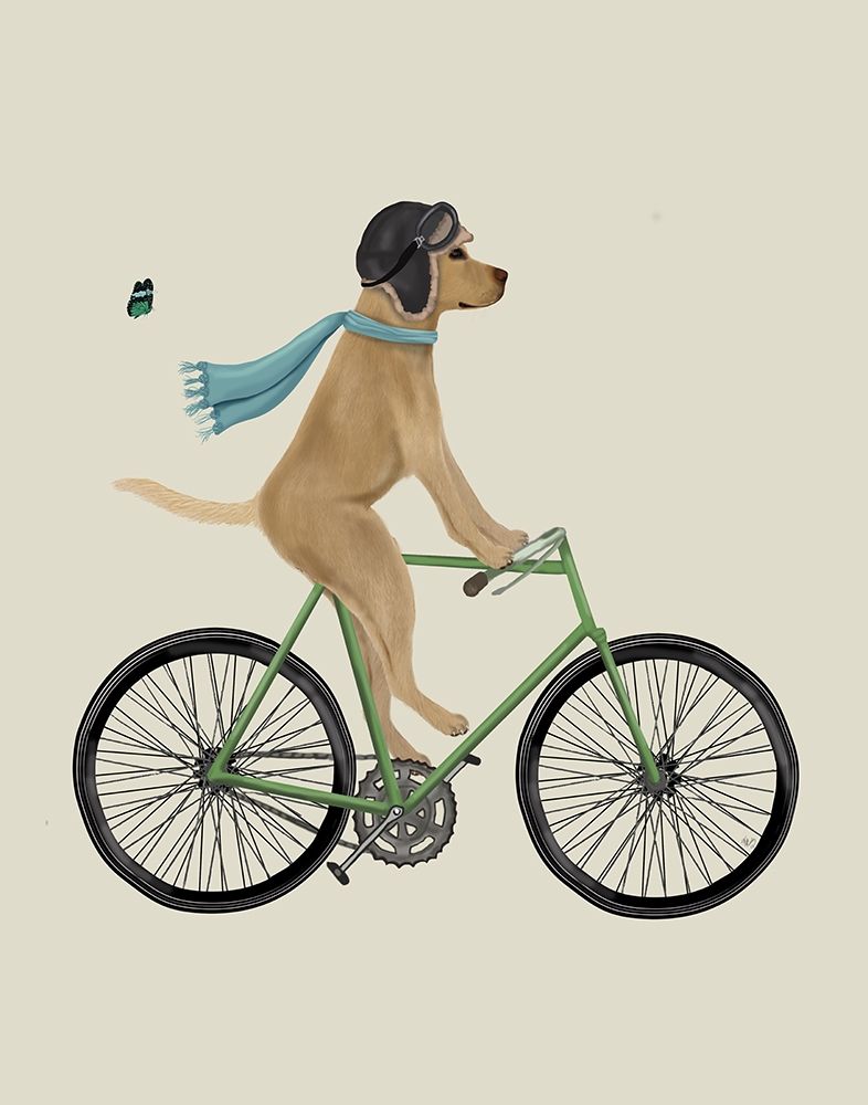 Wall Art Painting id:245341, Name: Yellow Labrador in Flying Helmet on Bicycle, Artist: Fab Funky