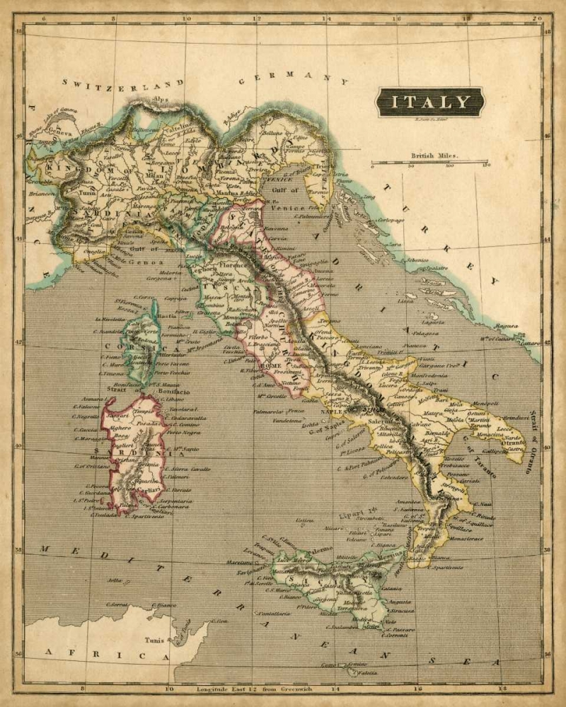 Wall Art Painting id:77491, Name: Thomsons Map of Italy, Artist: Thomson