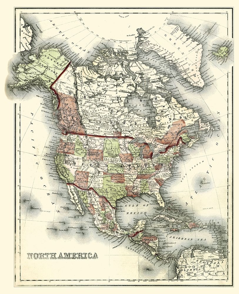 Wall Art Painting id:226830, Name: Small Antique Map of North America, Artist: Johnson