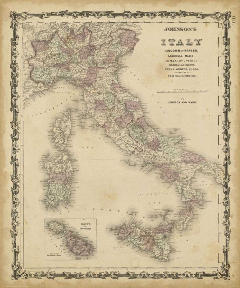 Wall Art Painting id:236798, Name: Johnsons Map of Italy, Artist: Johnson
