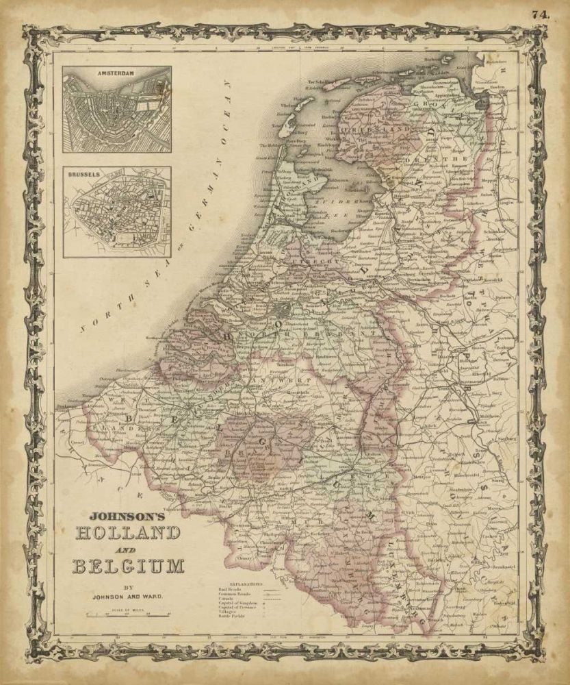 Wall Art Painting id:236800, Name: Johnsons Map of Holland and Belgium, Artist: Johnson