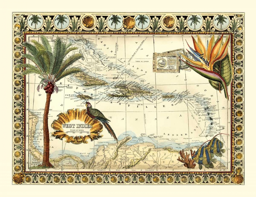Wall Art Painting id:77509, Name: Tropical Map of West Indies, Artist: Vision Studio