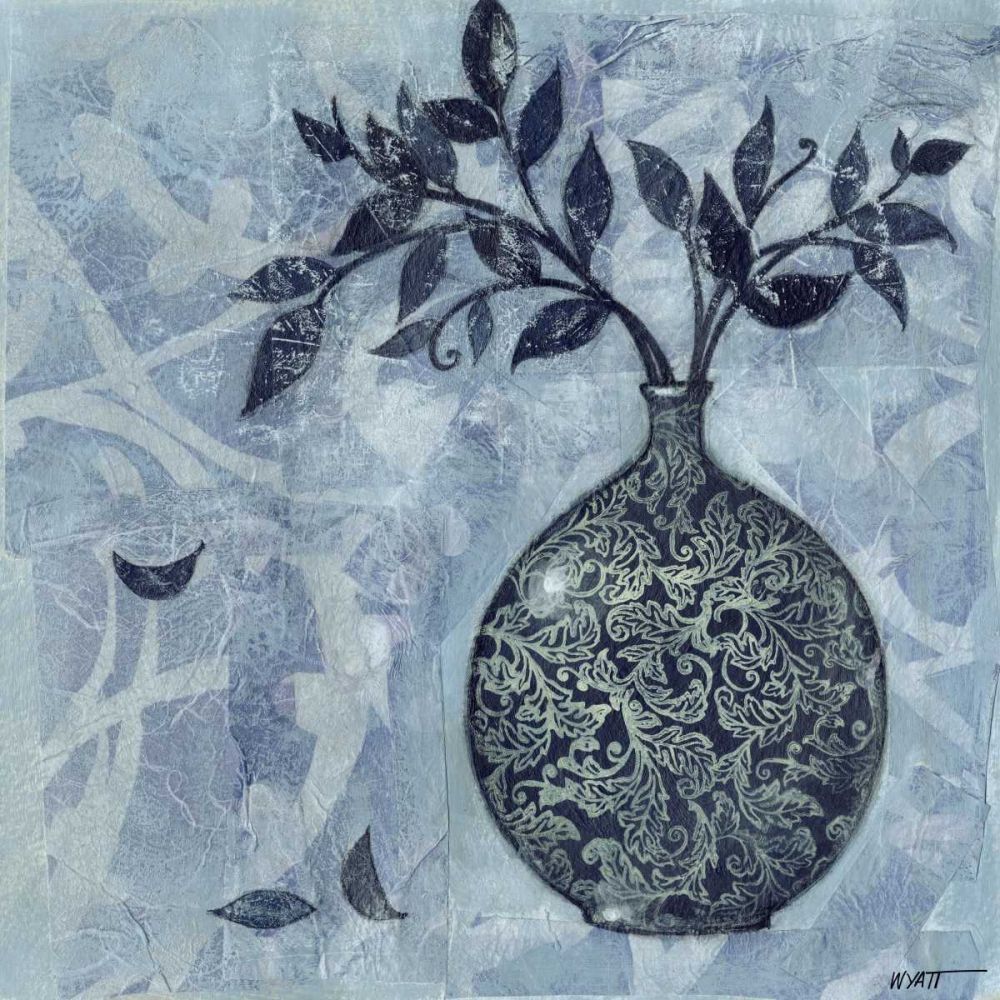 Wall Art Painting id:236868, Name: Ornate Vase with Indigo Leaves I, Artist: Wyatt Jr., Norman