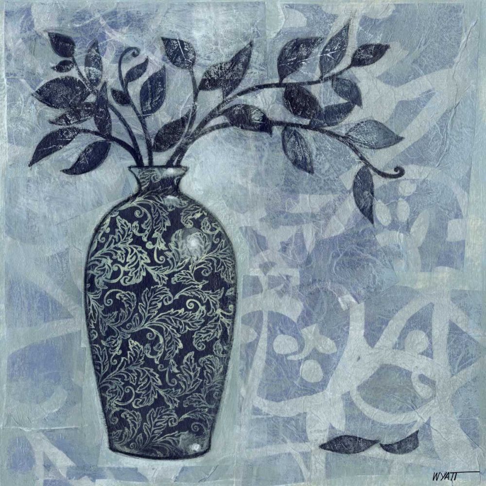Wall Art Painting id:236869, Name: Ornate Vase with Indigo Leaves II, Artist: Wyatt Jr., Norman