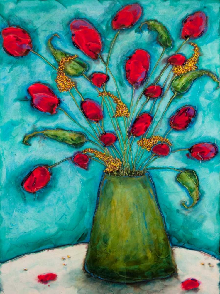 Wall Art Painting id:167048, Name: Flowers in Green Vase, Artist: Quin, Marabeth