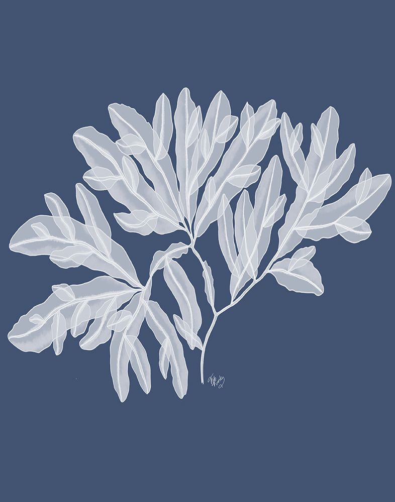 Art Print: Seaweed 4 White on Indigo Blue