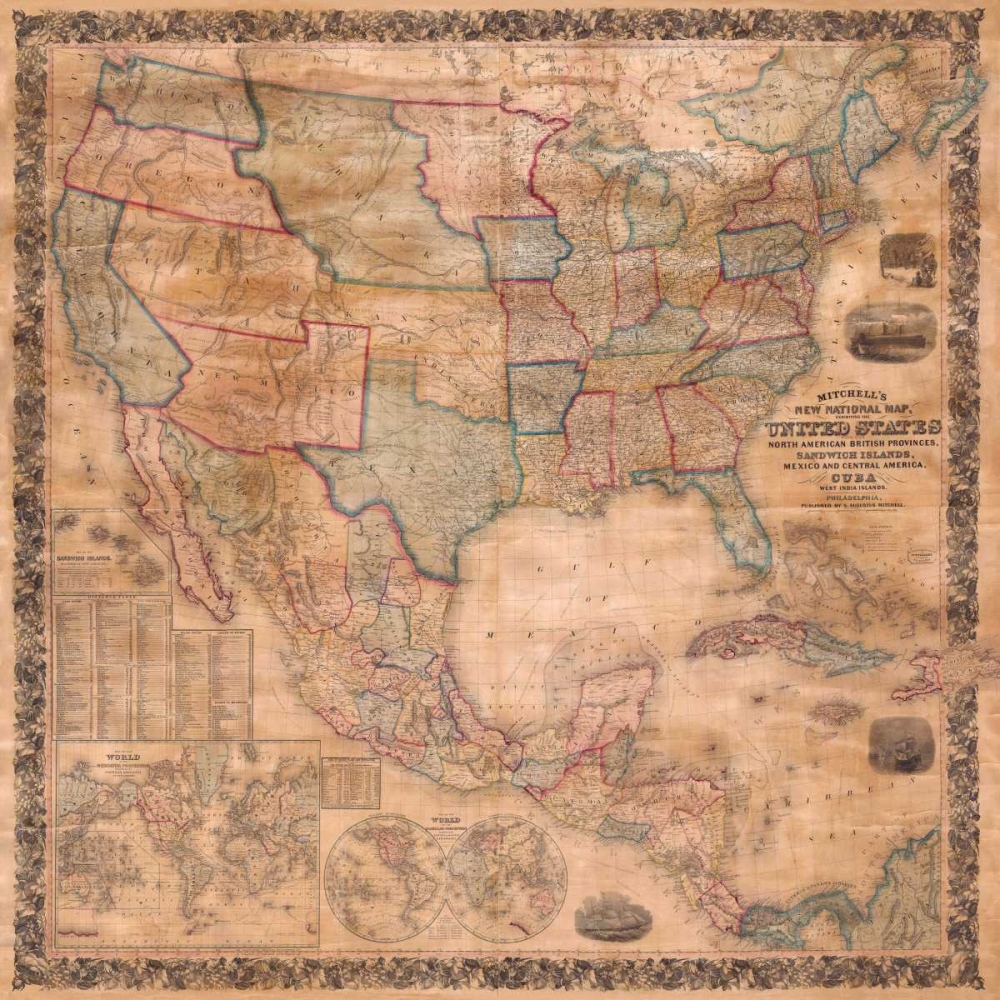 Wall Art Painting id:162713, Name: Map of the United States and North America, 1856, Artist: Anonymous
