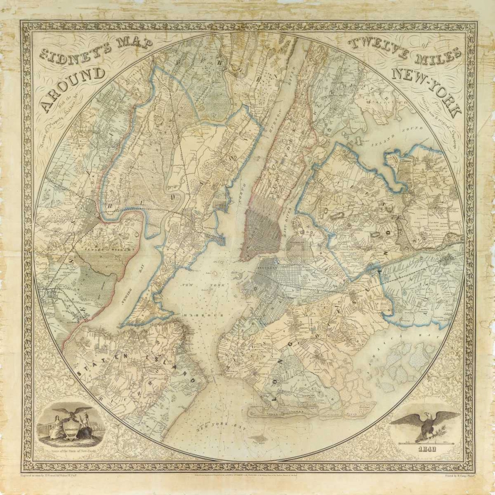Wall Art Painting id:162714, Name: Twelve Miles around NY Map, 1849, Artist: Anonymous