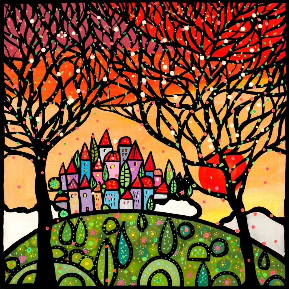Wall Art Painting id:167447, Name: Gli alberi guardano il paese al tramonto, Artist: Wallas