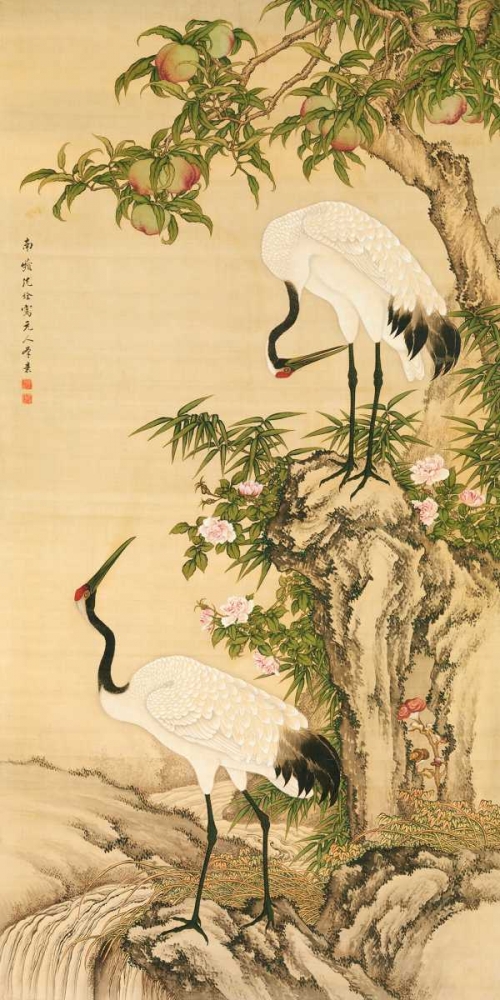 Art Print: Cranes, Peach Tree, and Chinese Roses 