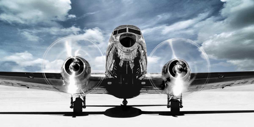 Art Print: Airplaine taking off in a blue sky