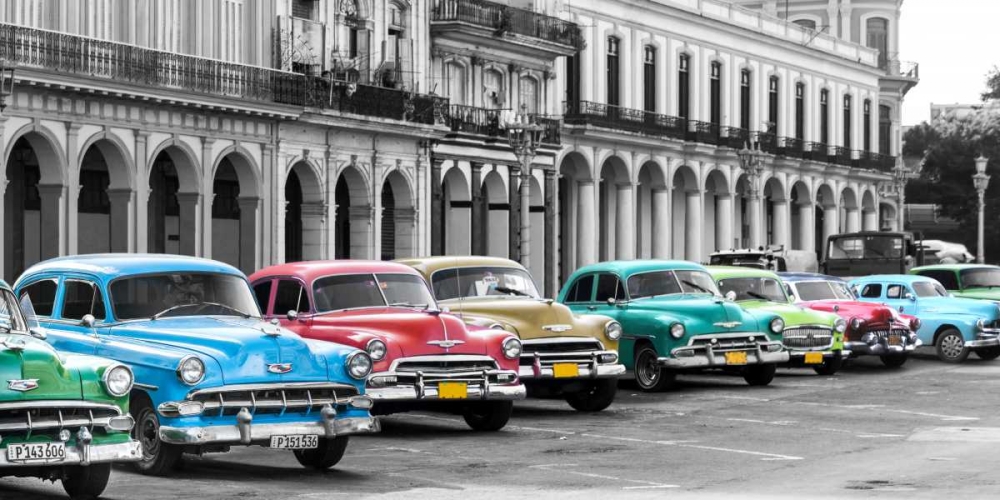 Wall art: Cars parked in line, Havana, Cuba, by Pangea Images
