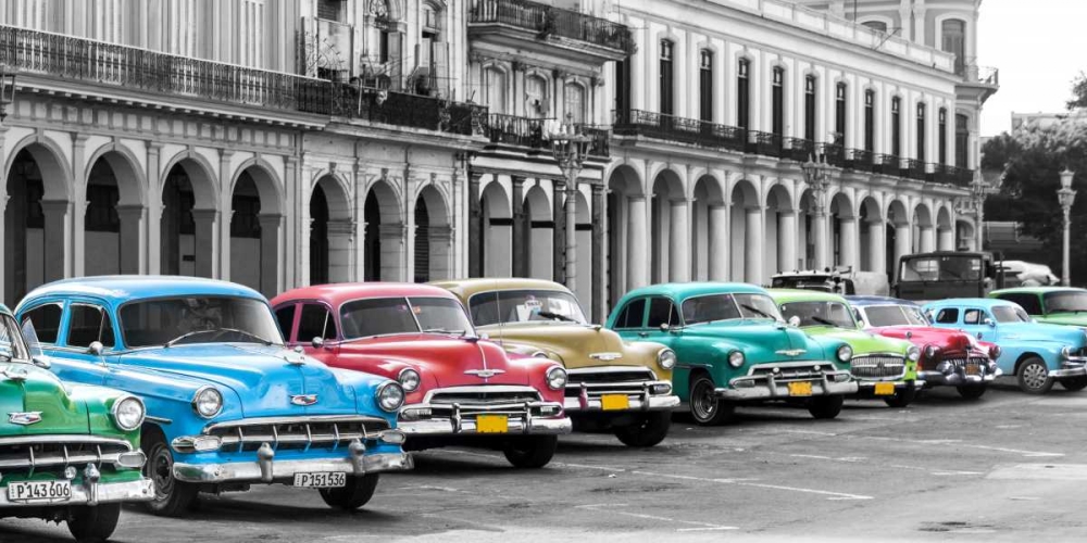Wall Art Painting id:117844, Name: Cars parked in line, Havana, Cuba, Artist: Pangea Images