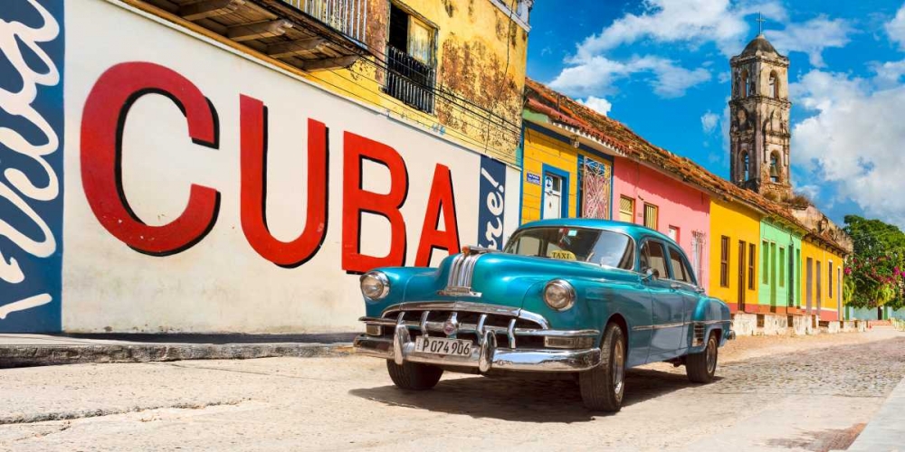 Art Print: Vintage car and mural- Cuba