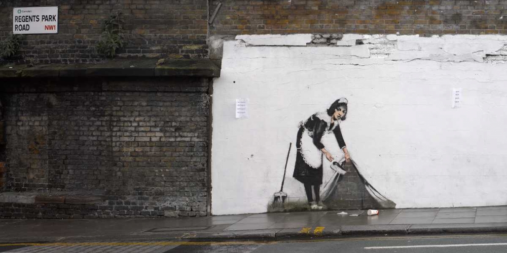 Wall art: Regents Park Rd Camden London-graffiti attributed to Banksy, by Anonymous