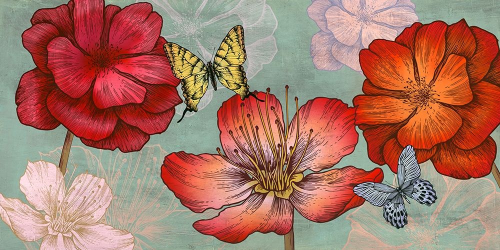 Wall Art Painting id:193491, Name: Flowers and Butterflies (Aqua), Artist: Grant, Eve C.