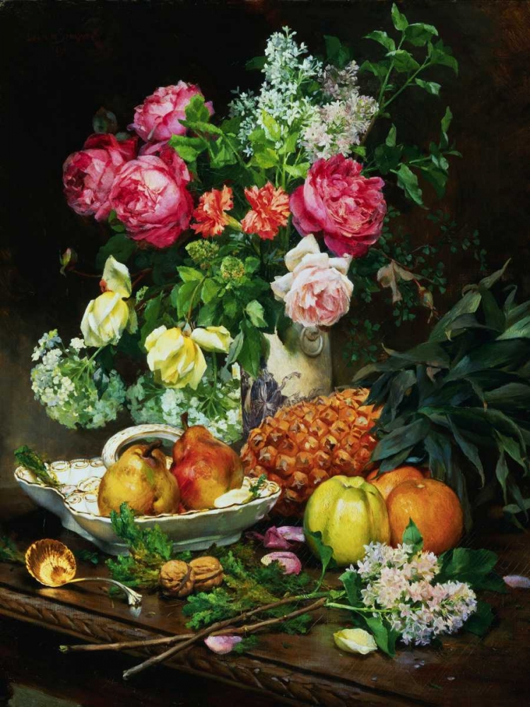 Wall Art Painting id:162720, Name: Painting of Roses in a Vase, Pears in a Porcelain Bowl, Artist: Anonymous