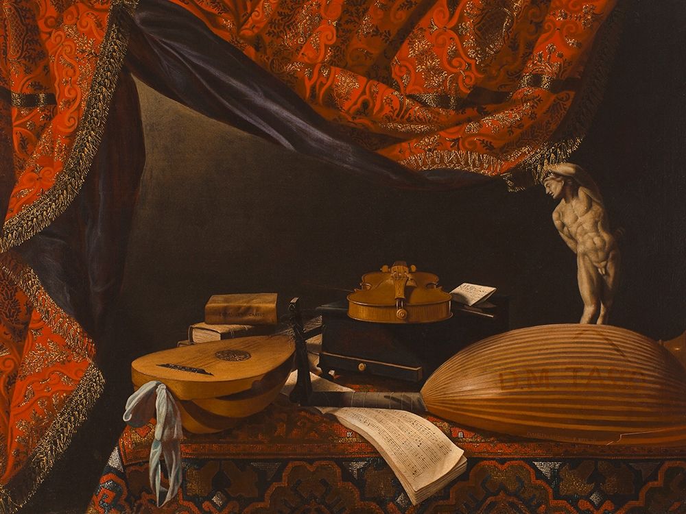 Wall art: Still Life with Musical Instruments, Books and Sculpture, by Baschenis, Evaristo