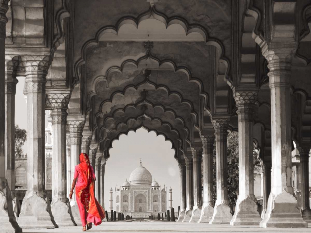 Art Print: Woman in traditional Sari walking towards Taj Mahal
