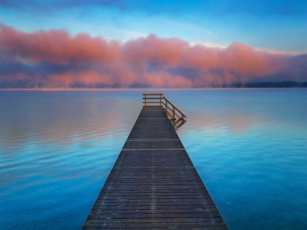 Art Print: Boat ramp and fog bench, Bavaria, Germany