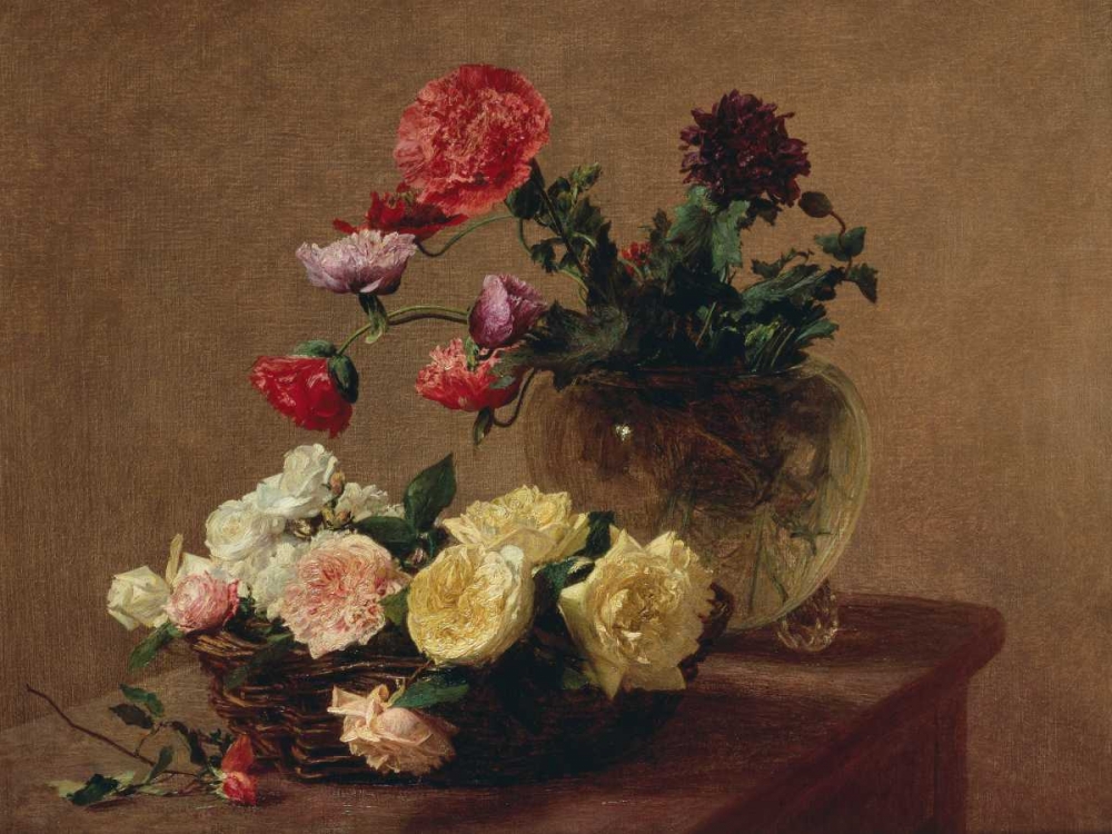 Art Print: Poppies in a Crystal Vase and Roses in a Basket (detail)