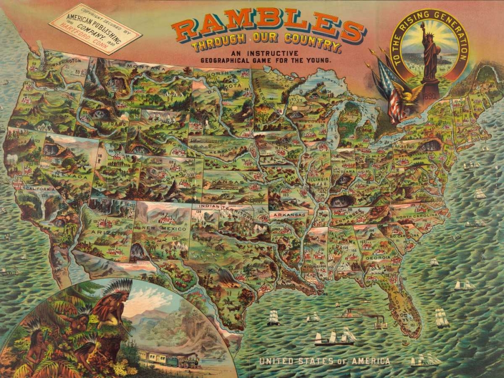 Wall Art Painting id:162722, Name: Game board with map of America, 1890, Artist: Anonymous