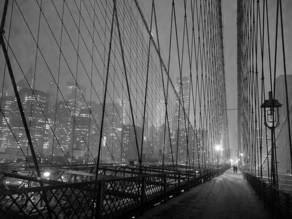 Art Print: On Brooklyn Bridge by night, NYC