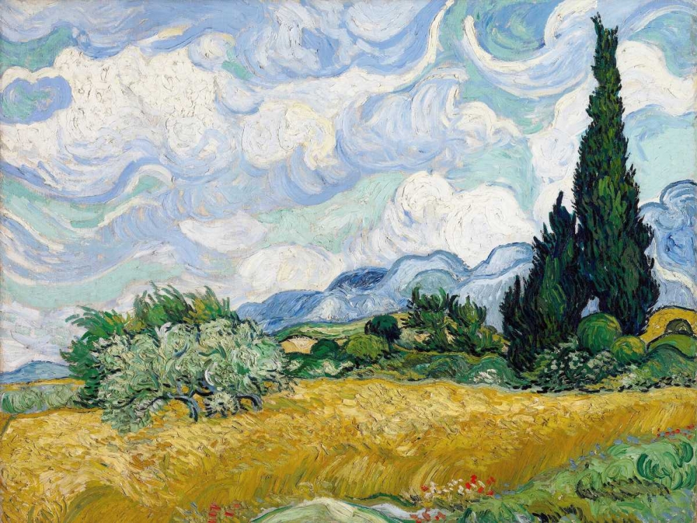 Art Print: Wheat Field with Cypresses