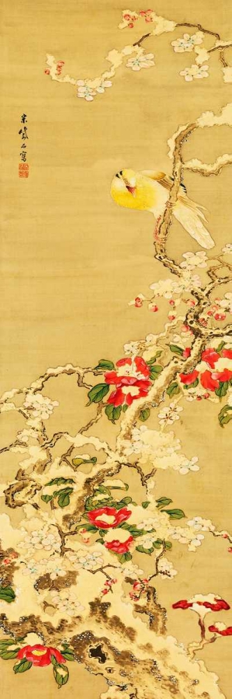 Art Print: Bird among Camellias in Snow 