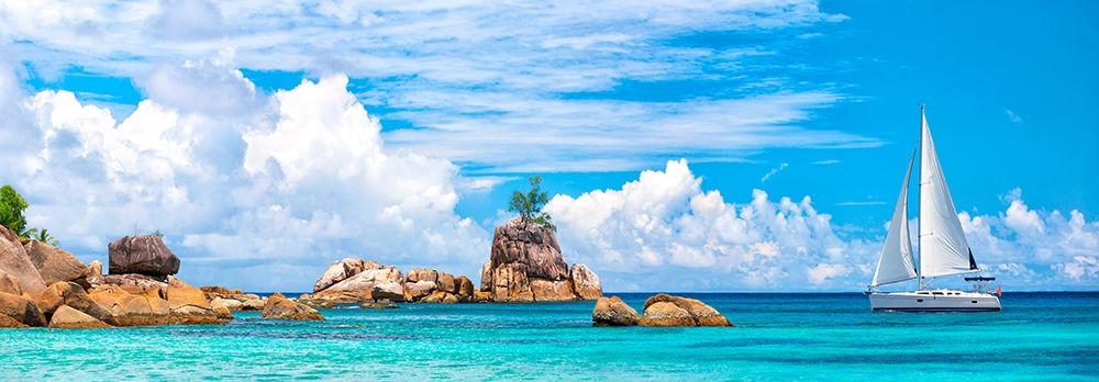 Art Print: Sailboat at La Digue, Seychelles