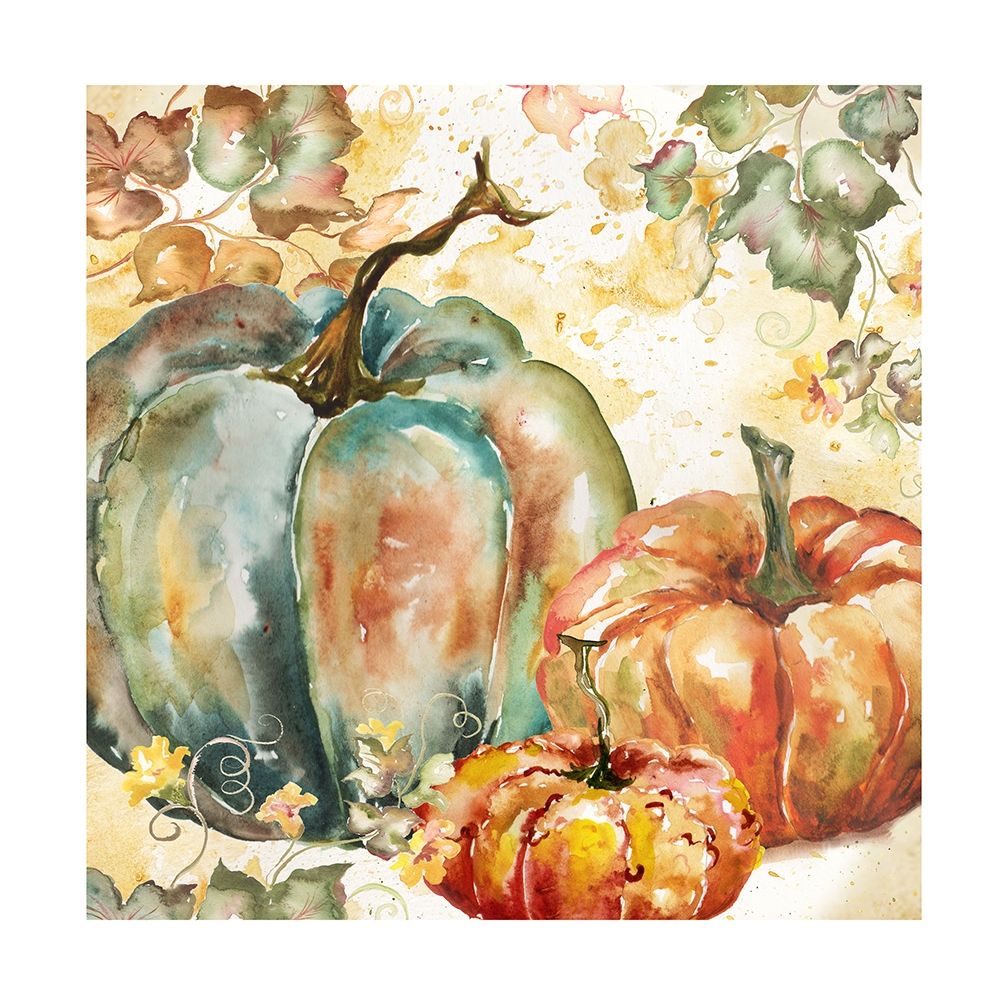 Art Print: Watercolor Harvest Teal and Orange Pumpkins I