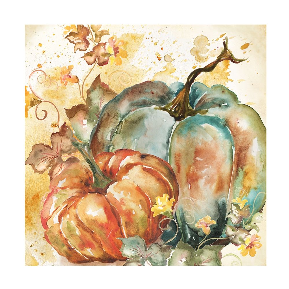 Art Print: Watercolor Harvest Teal and Orange Pumpkins II